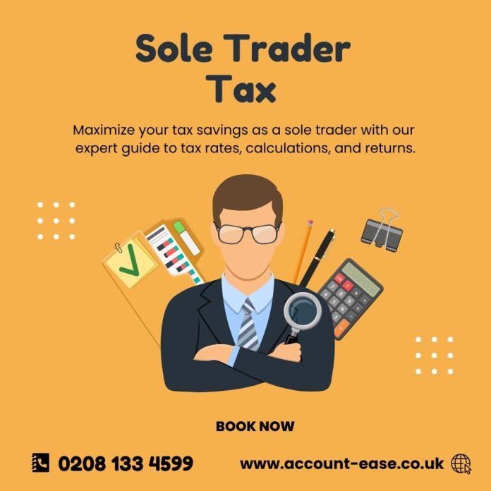 Professional accountant with magnifying glass, calculator, pen, and file. Focus on Sole Trader Tax. 'Book Now' button and contact details provided.